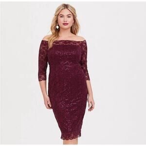 NWT Torrid Dress Size 18 Off the Shoulder Lace Sequin Cocktail Holiday Burgundy